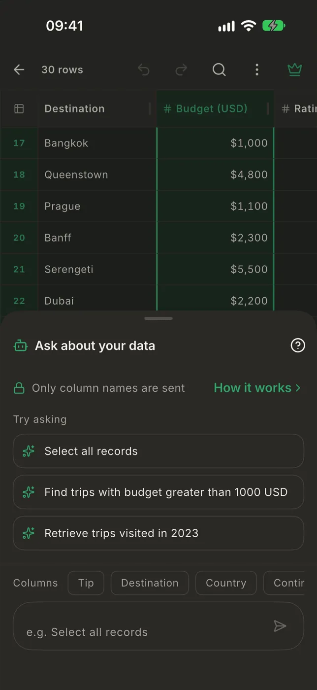 The assistant sheet with suggestions and a question box