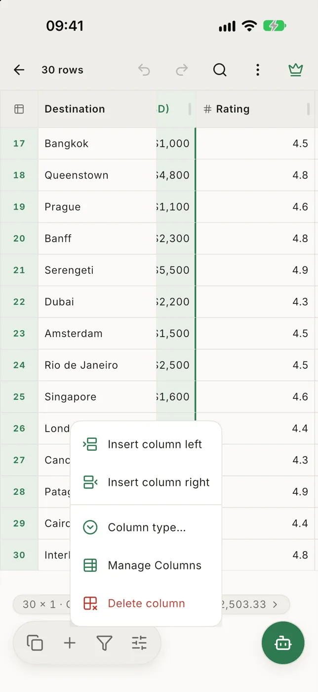 The Edit menu for a selected column: insert left or right, column type, manage columns, delete