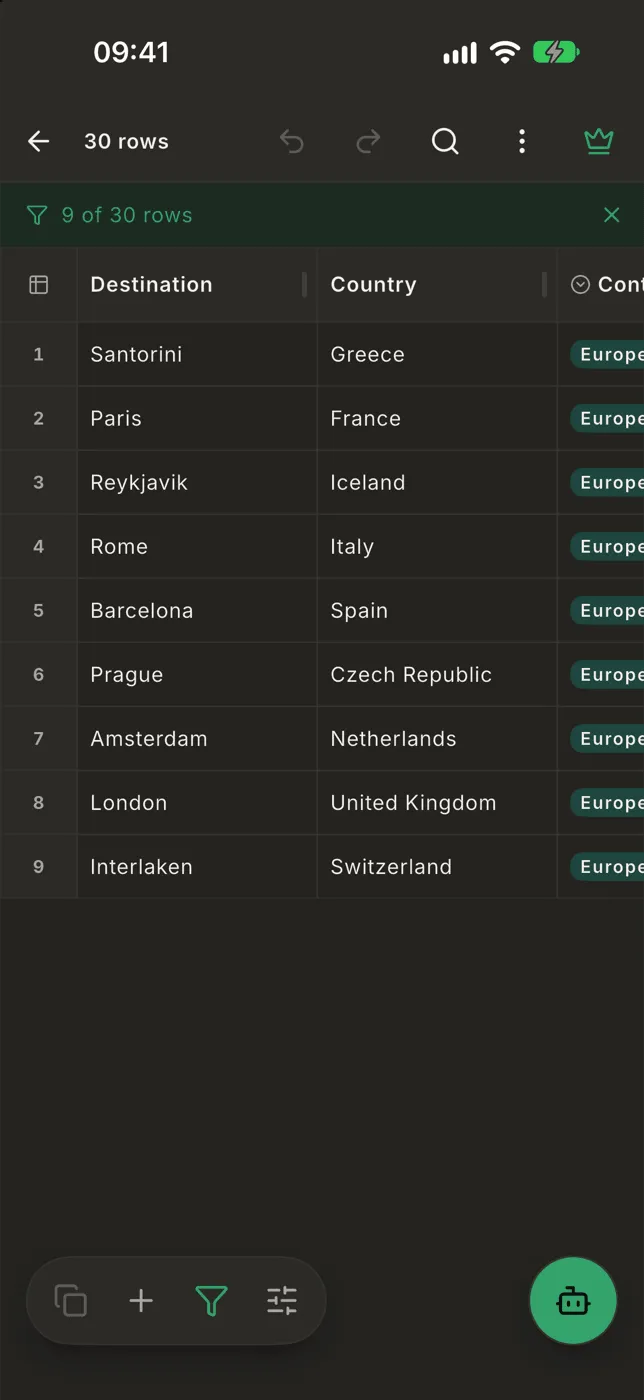 The table filtered to 9 of 30 rows, with the filter bar under the top bar