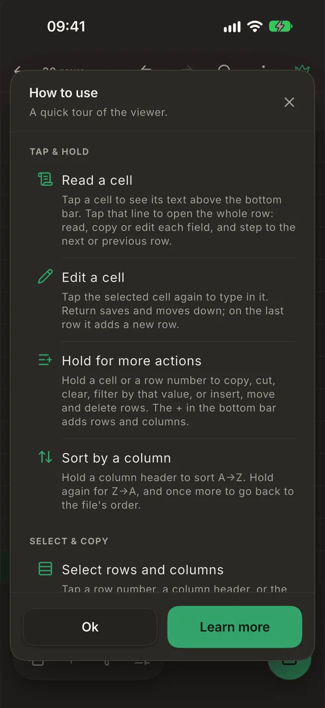 The How to use guide listing the table gestures