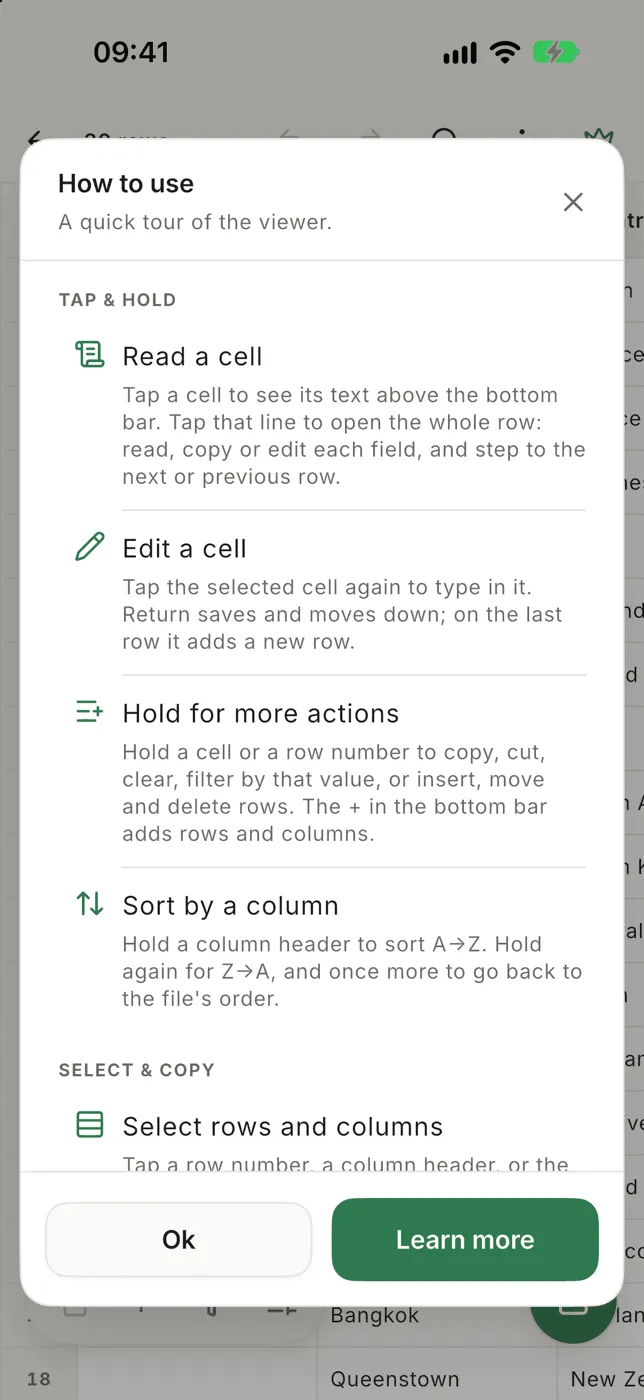 The How to use guide listing the table gestures