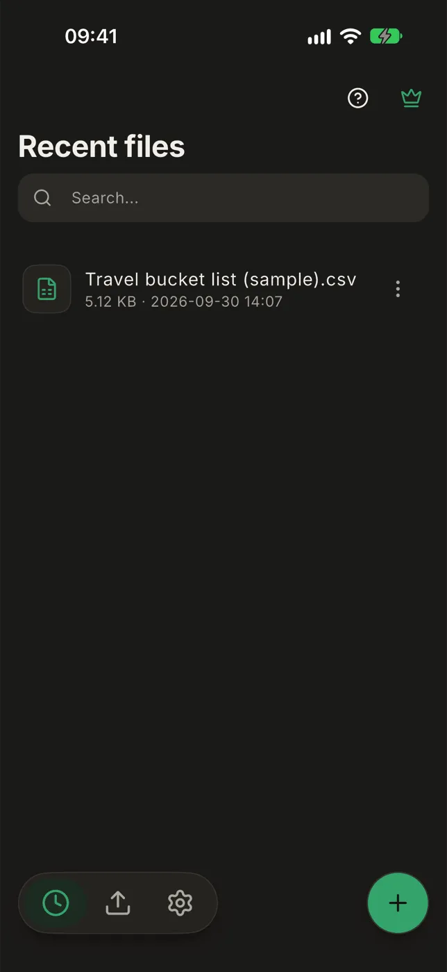 The home screen listing recent files