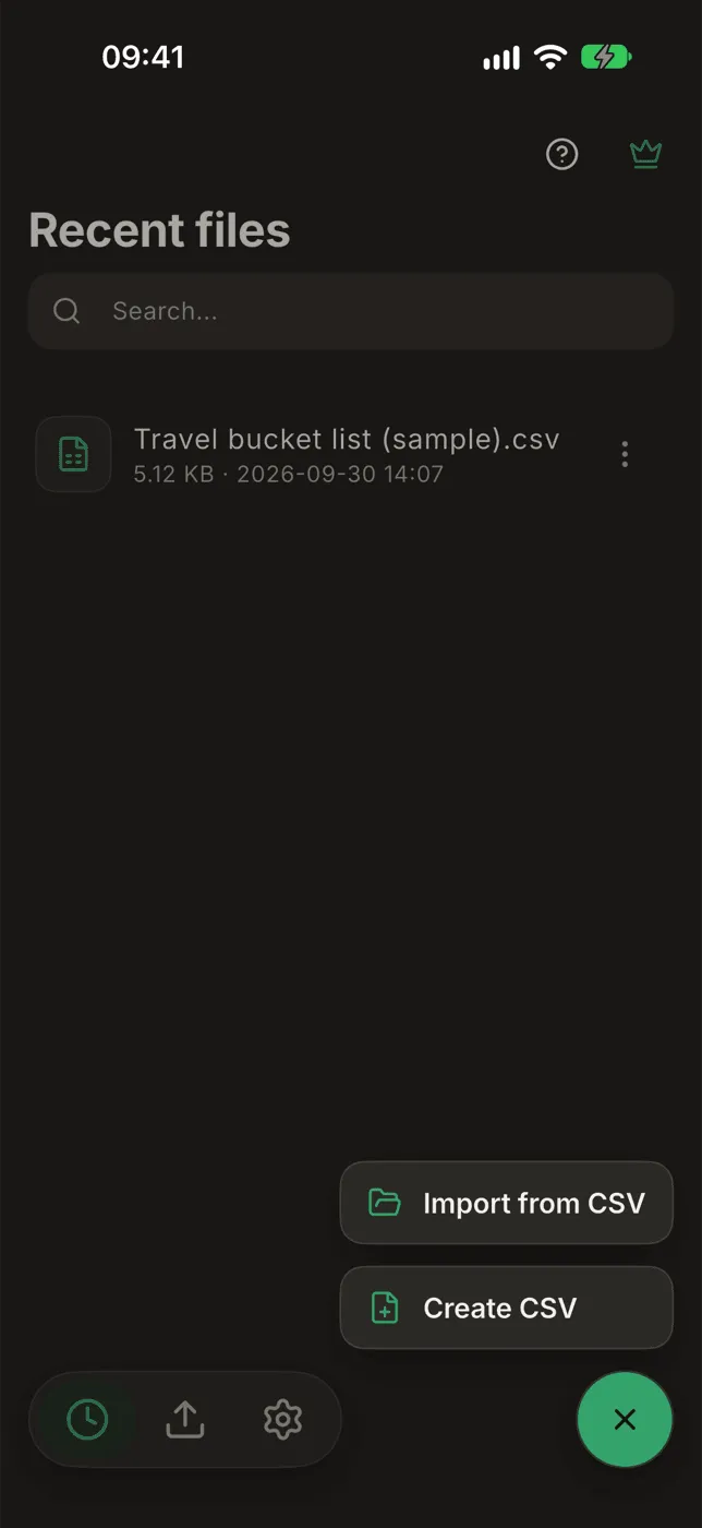 The home screen with the + menu open: Import from CSV and Create CSV