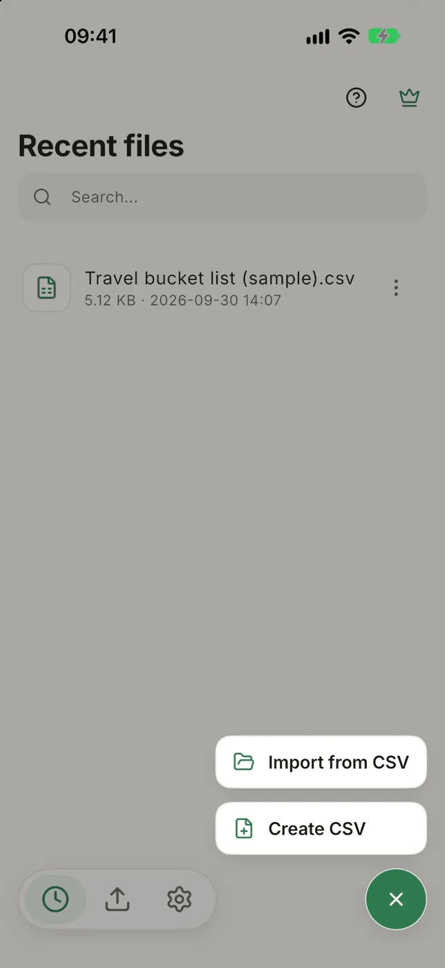 The home screen with the + menu open: Import from CSV and Create CSV