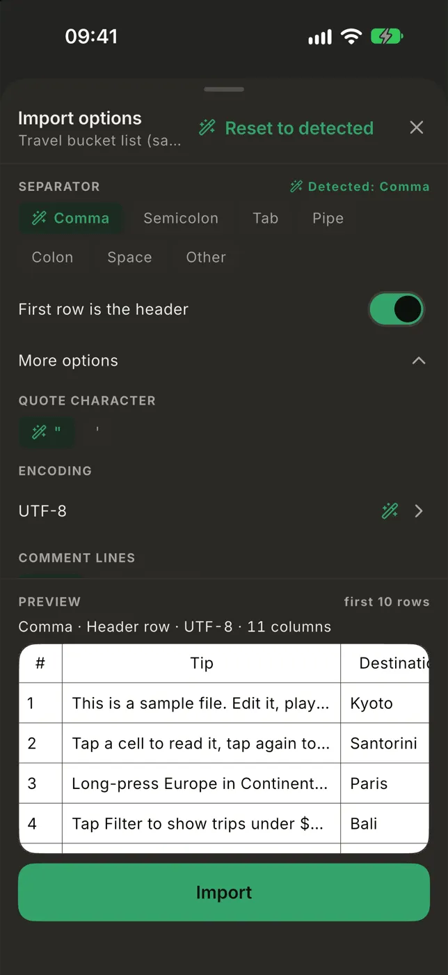 The import options sheet with separator, header and encoding settings above a live preview