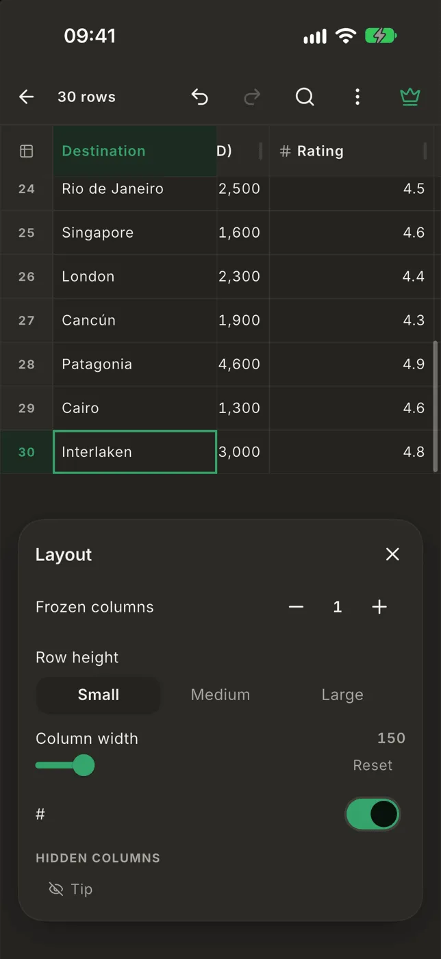 The Layout panel with nothing selected: frozen columns, row height, column width and hidden columns
