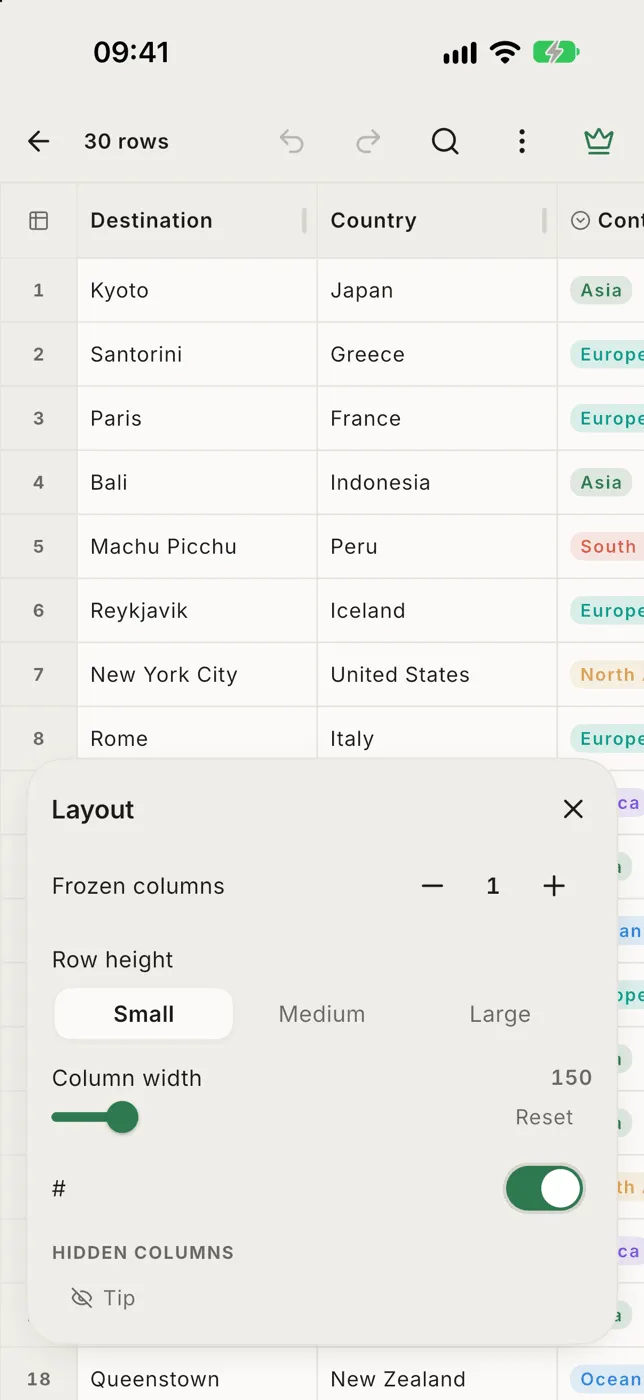 The Layout panel with nothing selected: frozen columns, row height, column width and hidden columns
