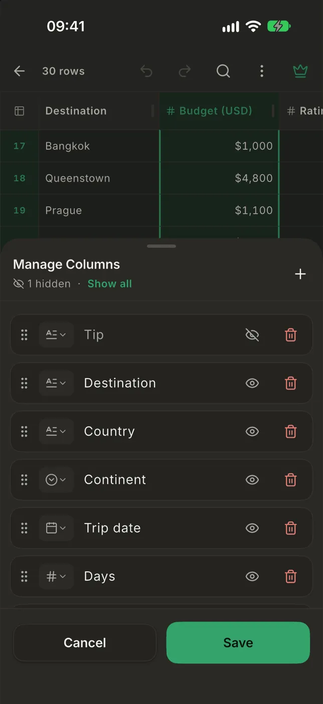 The Manage Columns sheet with drag handles, type chips, names, eye and delete buttons