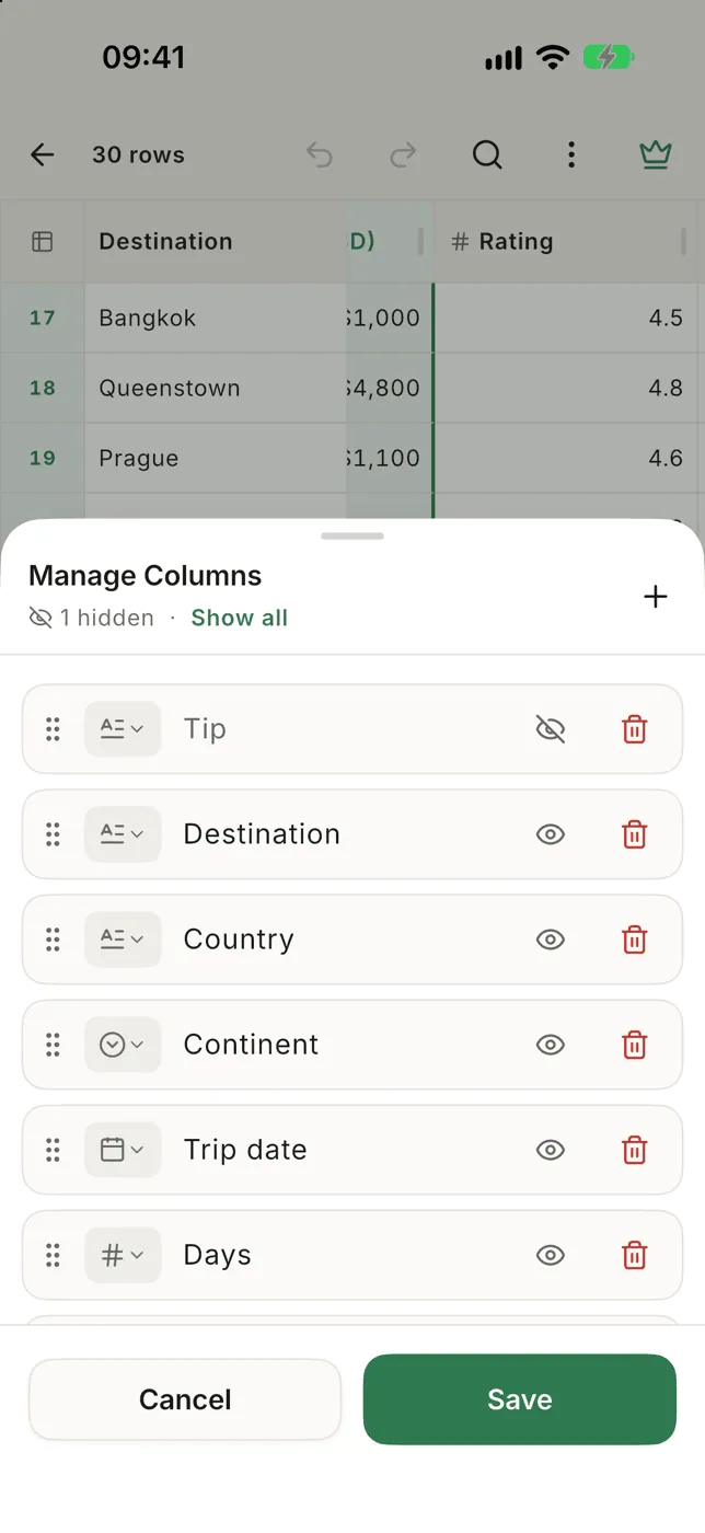 The Manage Columns sheet with drag handles, type chips, names, eye and delete buttons