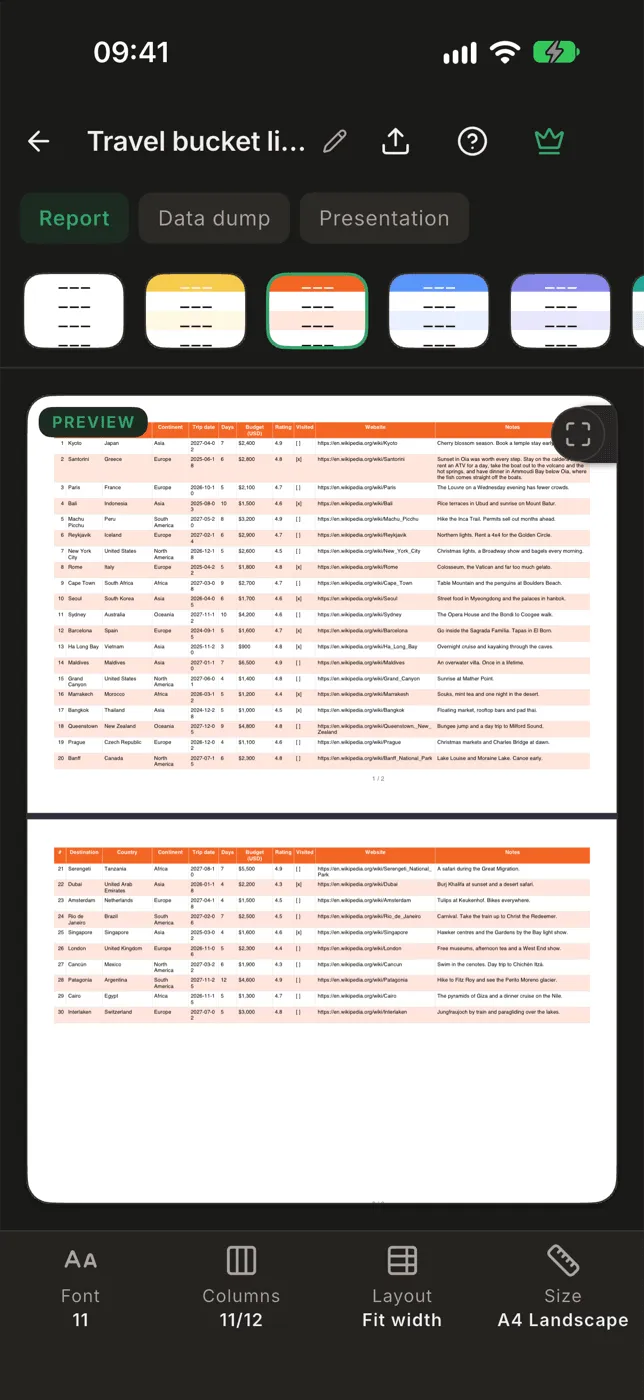 The PDF export screen with presets, styles and a live preview