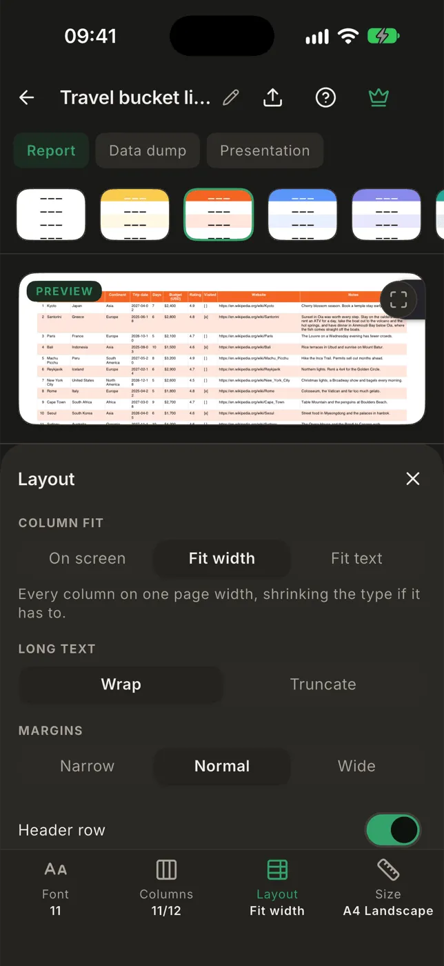 The PDF Layout panel with column fit, long text and margins