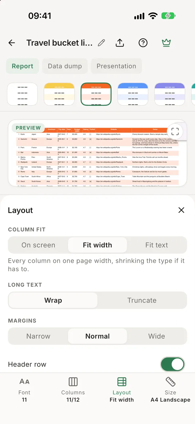 The PDF Layout panel with column fit, long text and margins