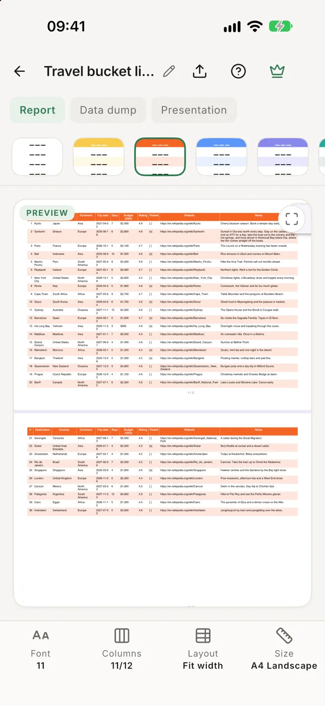 The PDF export screen with presets, styles and a live preview