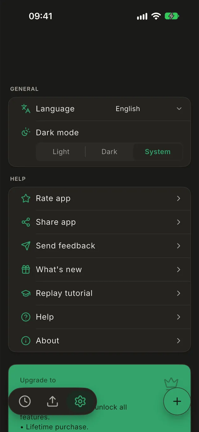 The Settings screen with language, dark mode and help