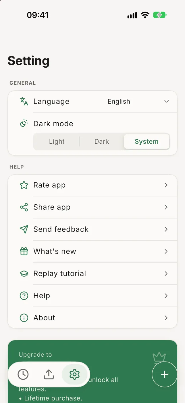 The Settings screen with language, dark mode and help