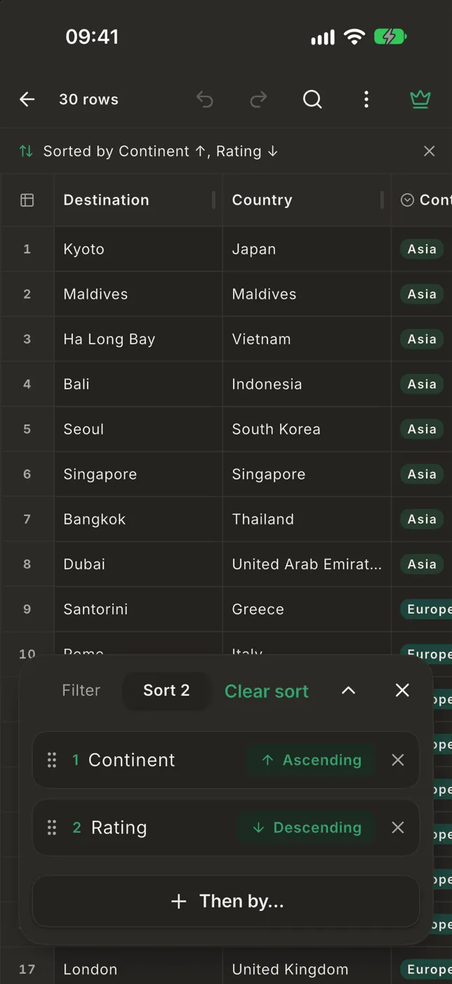 The Sort side of the panel sorting by Continent ascending then Rating descending