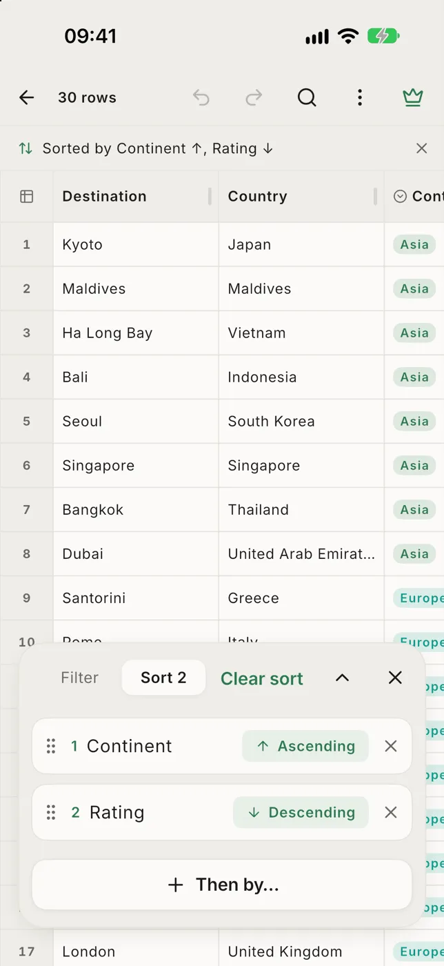 The Sort side of the panel sorting by Continent ascending then Rating descending
