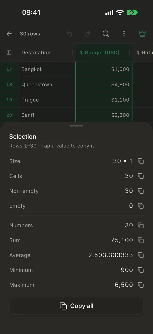 The Selection stats sheet with size, counts, sum, average, minimum and maximum
