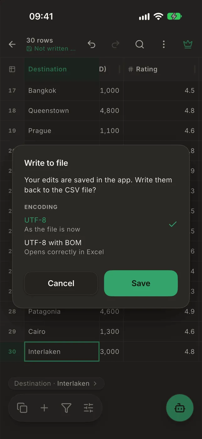 The Write to file dialog with a choice of UTF-8 or UTF-8 with BOM