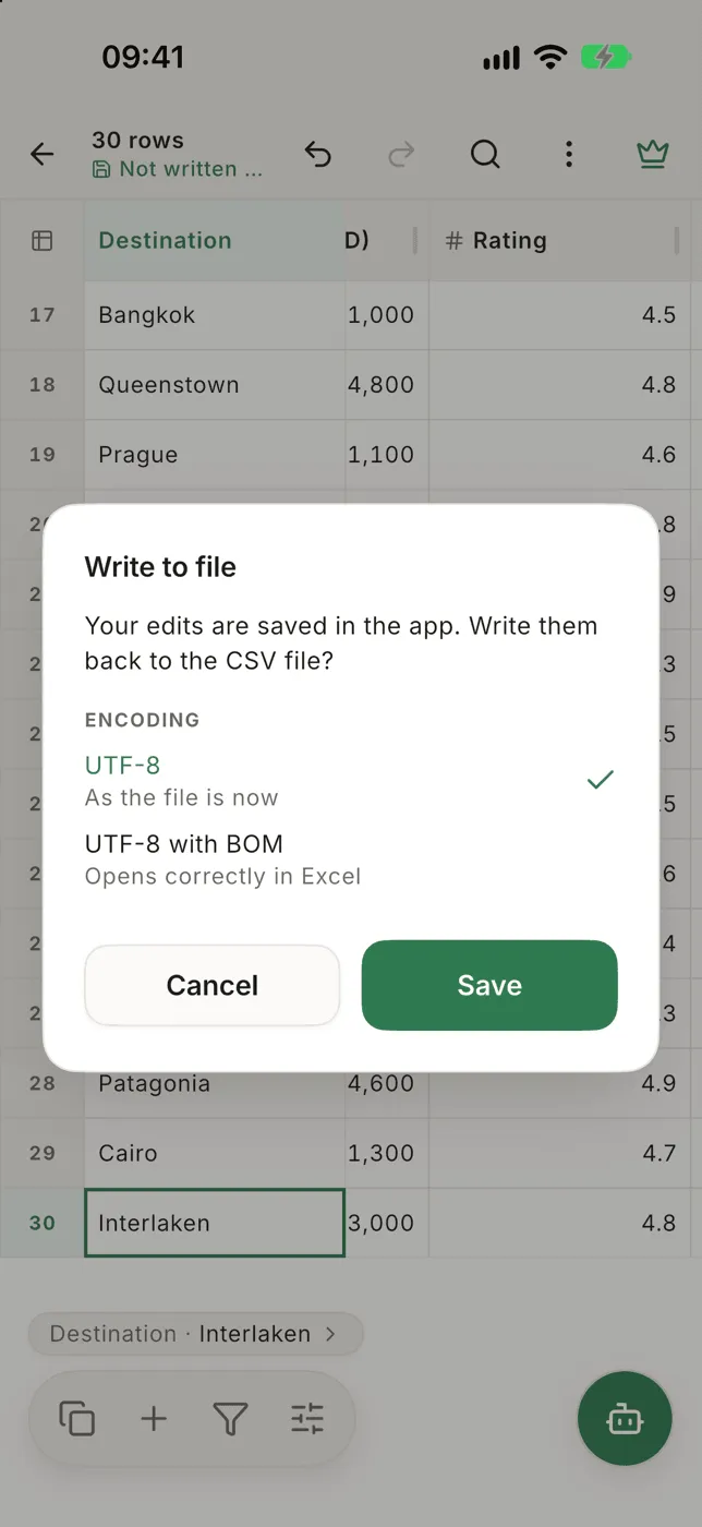 The Write to file dialog with a choice of UTF-8 or UTF-8 with BOM